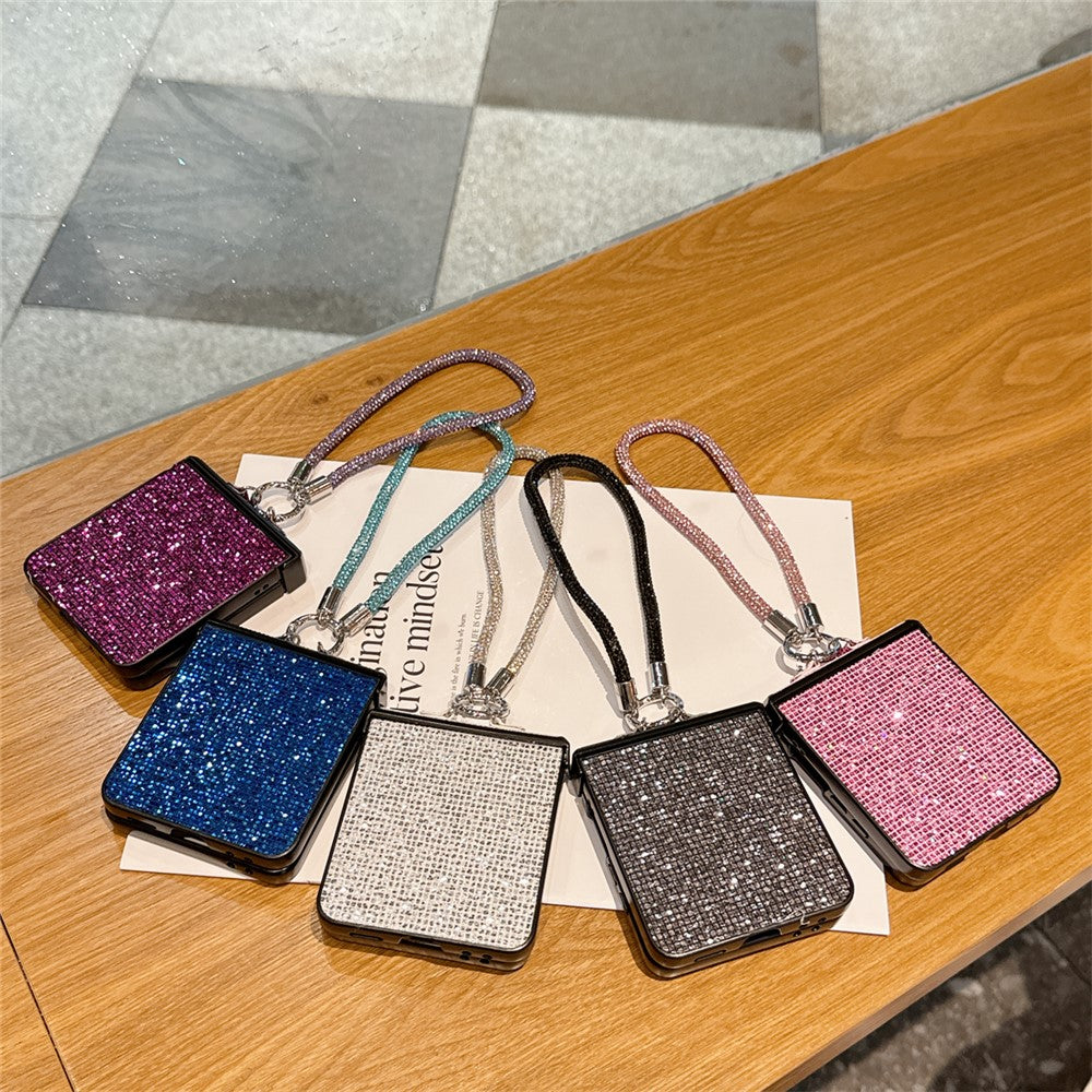 For Samsung Galaxy Z Flip7 5G Case Glitter TPU + PC Phone Cover with Rhinestone Wrist Strap - Silver