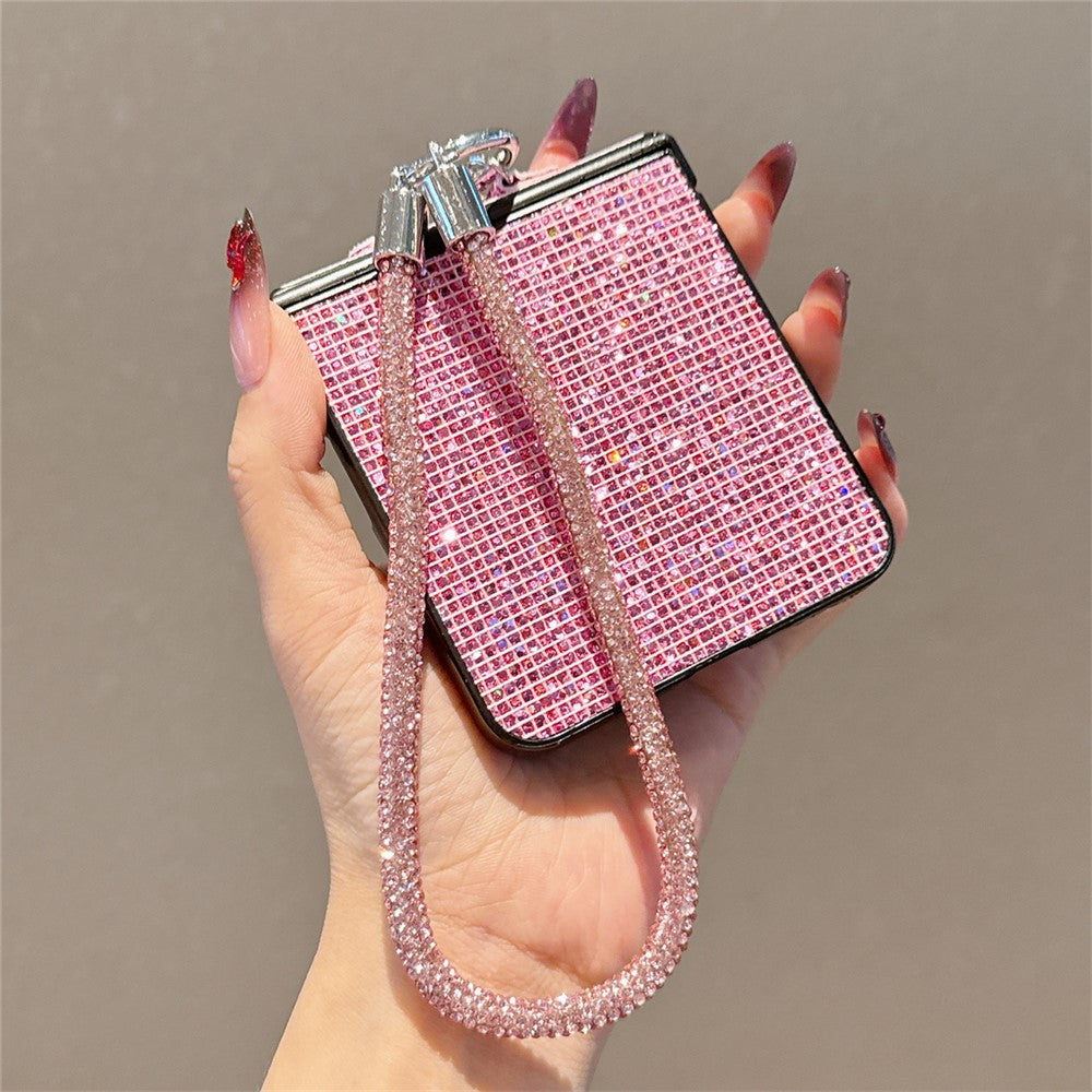 For Samsung Galaxy Z Flip7 5G Case Glitter TPU + PC Phone Cover with Rhinestone Wrist Strap - Pink