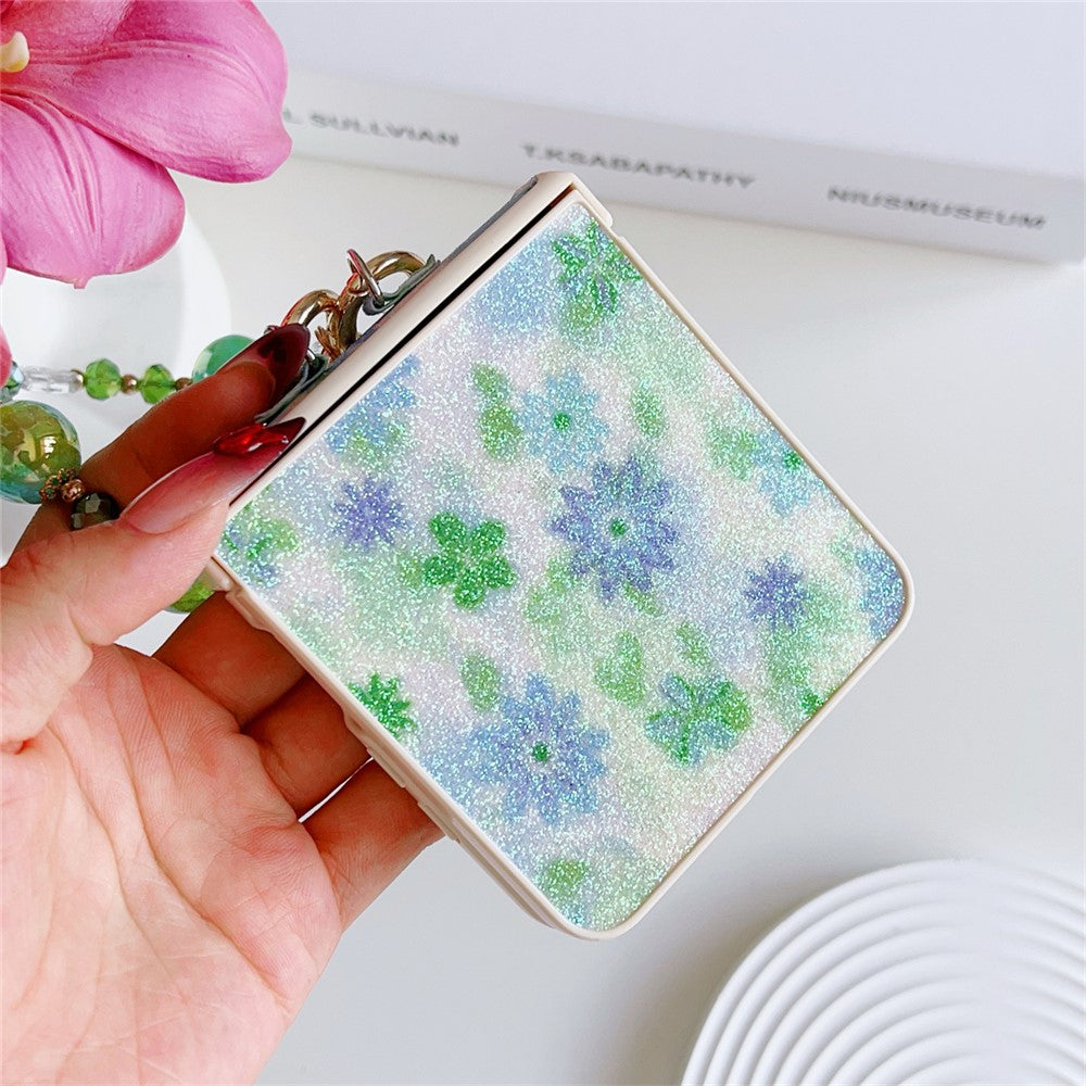 For Samsung Galaxy Z Flip7 5G Case Glitter Flower TPU + PC Phone Cover with Beaded Wrist Strap - Green