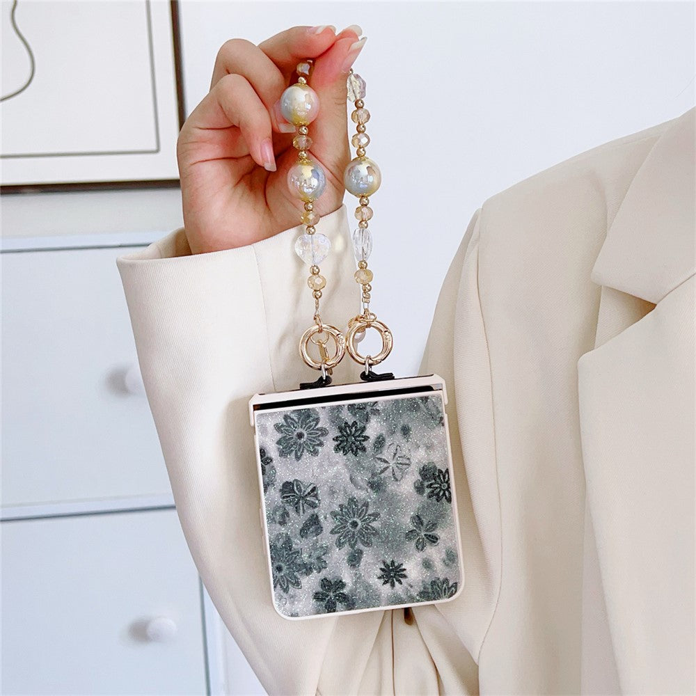 For Samsung Galaxy Z Flip7 5G Case Glitter Flower TPU + PC Phone Cover with Beaded Wrist Strap - Black