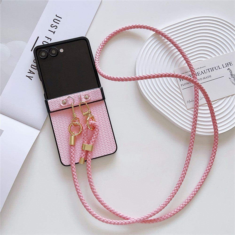 For Samsung Galaxy Z Flip7 5G Case Straw Mat Texture TPU + PC Phone Cover with Woven Crossbody Strap - Pink
