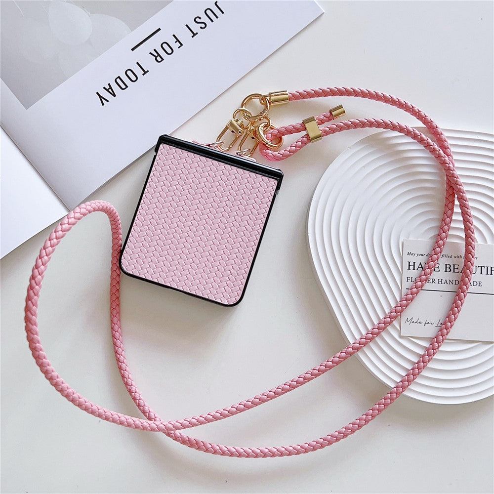 For Samsung Galaxy Z Flip7 5G Case Straw Mat Texture TPU + PC Phone Cover with Woven Crossbody Strap - Pink