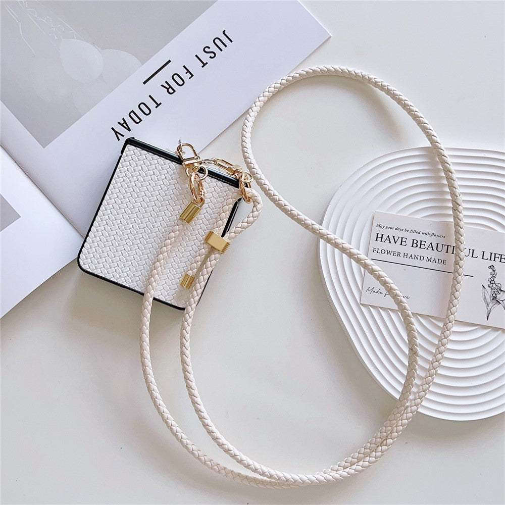 For Samsung Galaxy Z Flip7 5G Case Straw Mat Texture TPU + PC Phone Cover with Woven Crossbody Strap - White