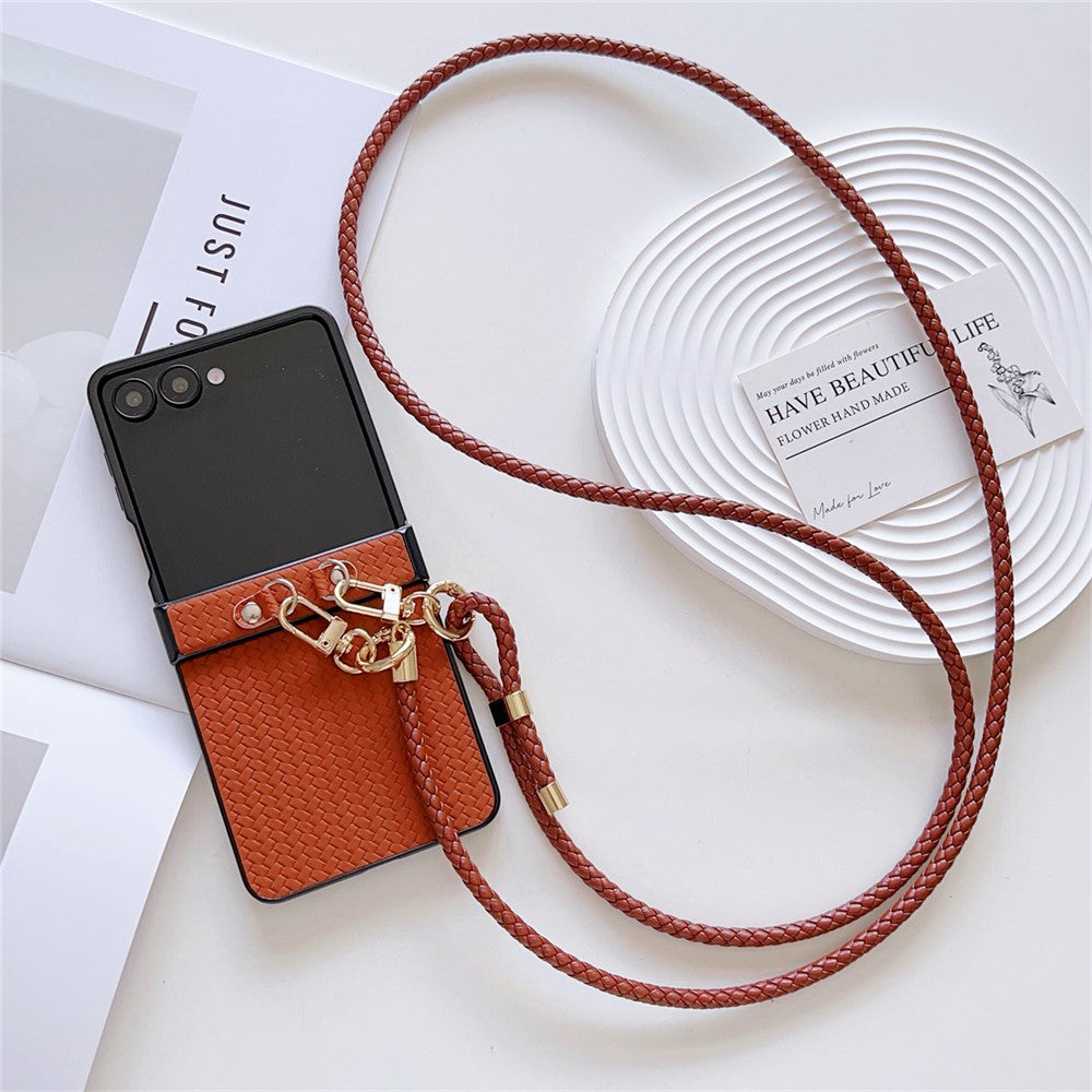 For Samsung Galaxy Z Flip7 5G Case Straw Mat Texture TPU + PC Phone Cover with Woven Crossbody Strap - Brown