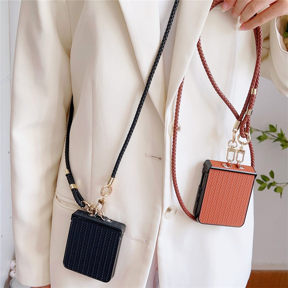 For Samsung Galaxy Z Flip7 5G Case Straw Mat Texture TPU + PC Phone Cover with Woven Crossbody Strap - Brown
