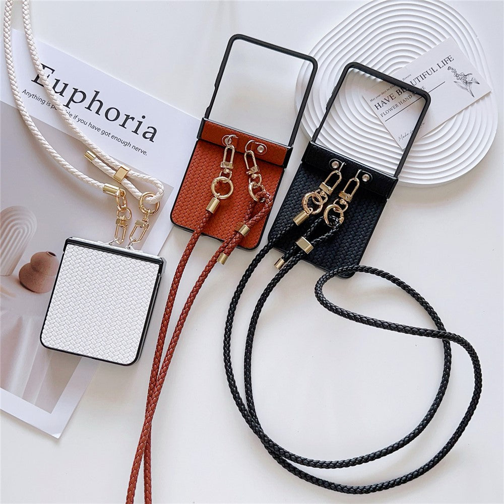For Samsung Galaxy Z Flip7 5G Case Straw Mat Texture TPU + PC Phone Cover with Woven Crossbody Strap - Brown