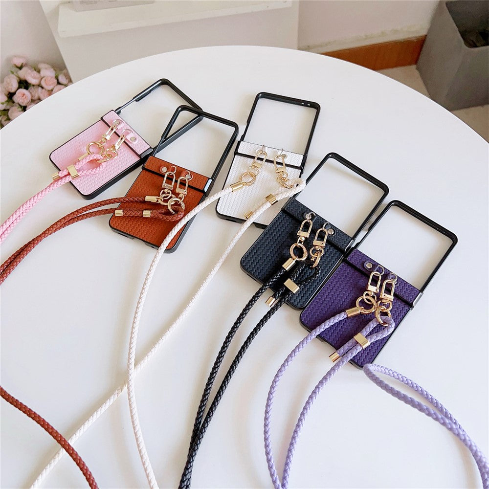 For Samsung Galaxy Z Flip7 5G Case Straw Mat Texture TPU + PC Phone Cover with Woven Crossbody Strap - Purple