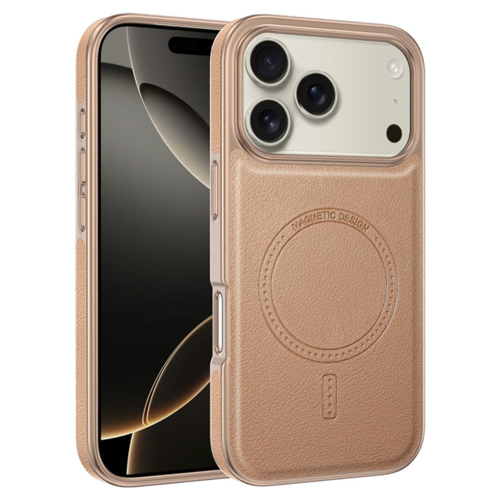 For iPhone 17 Pro Max Magnetic Case Electroplating Edge PU + TPU + PC Phone Cover - Desert Gold