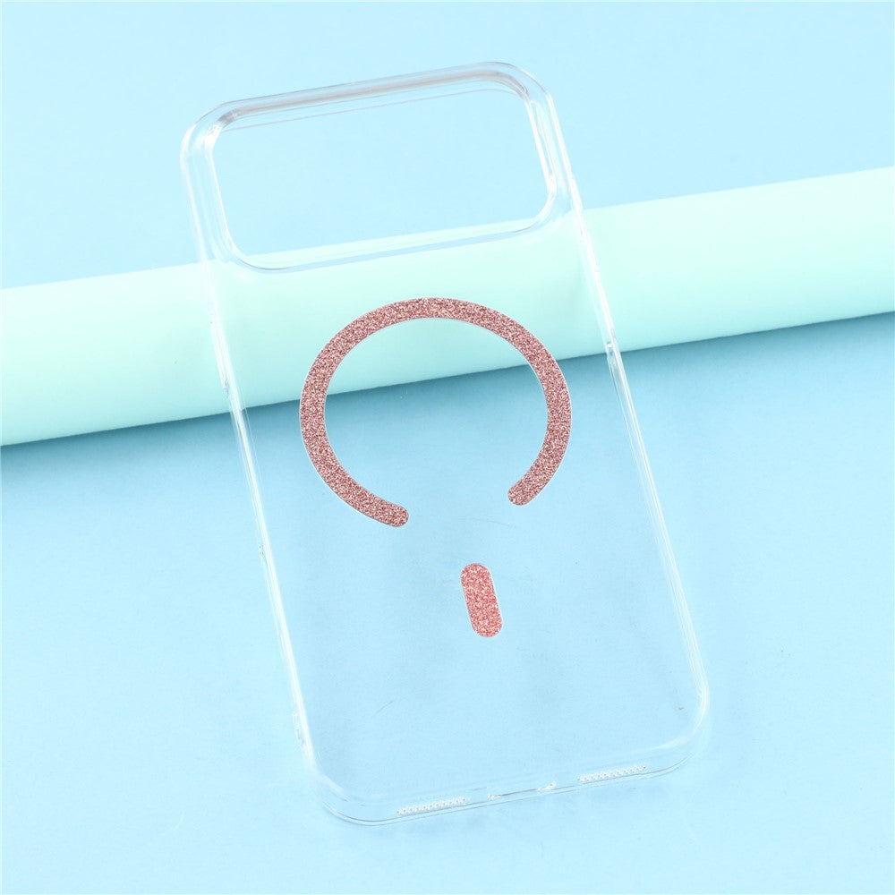 For iPhone 17 Pro Max Magnetic Case Glitter Ring 1.5mm Hard PC Clear Phone Cover - Orange