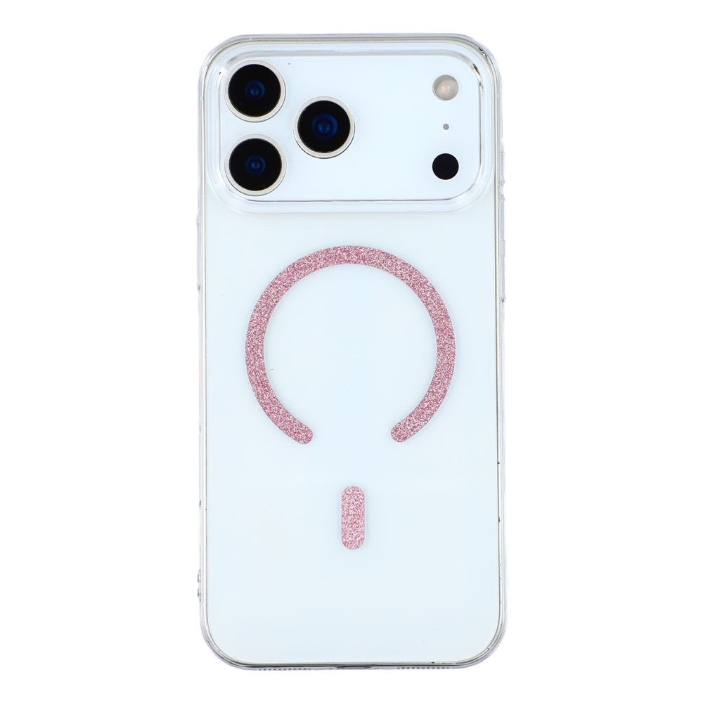 For iPhone 17 Pro Max Magnetic Case Glitter Ring 1.5mm Hard PC Clear Phone Cover - Pink