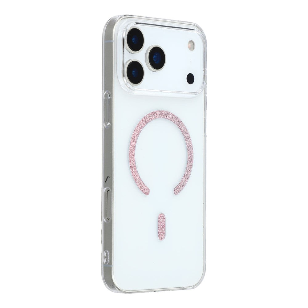 For iPhone 17 Pro Max Magnetic Case Glitter Ring 1.5mm Hard PC Clear Phone Cover - Pink