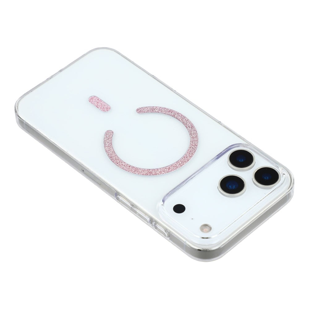 For iPhone 17 Pro Max Magnetic Case Glitter Ring 1.5mm Hard PC Clear Phone Cover - Pink