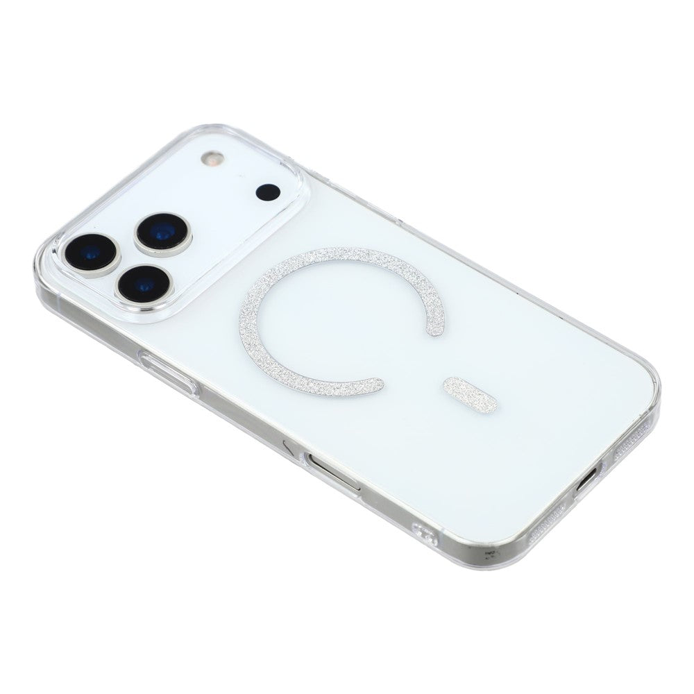 For iPhone 17 Pro Max Magnetic Case Glitter Ring 1.5mm Hard PC Clear Phone Cover - Silver