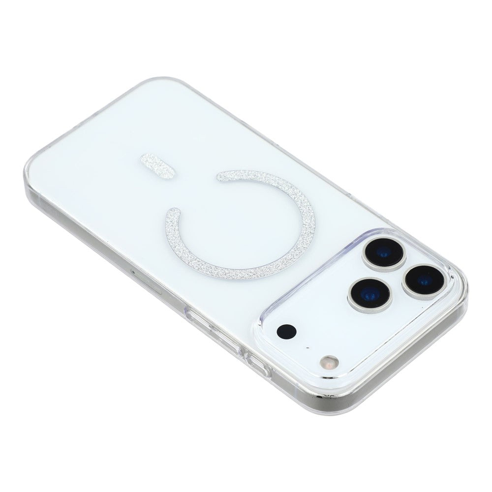 For iPhone 17 Pro Max Magnetic Case Glitter Ring 1.5mm Hard PC Clear Phone Cover - Silver