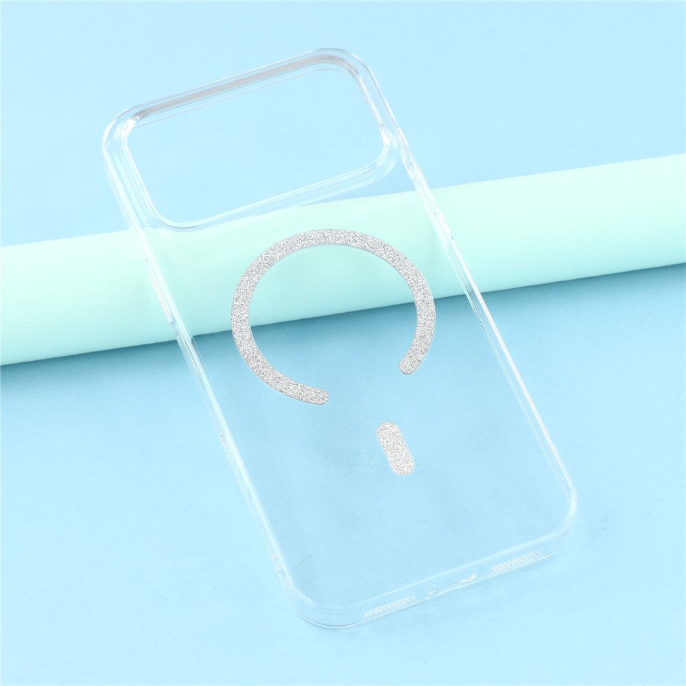 For iPhone 17 Pro Max Magnetic Case Glitter Ring 1.5mm Hard PC Clear Phone Cover - Silver