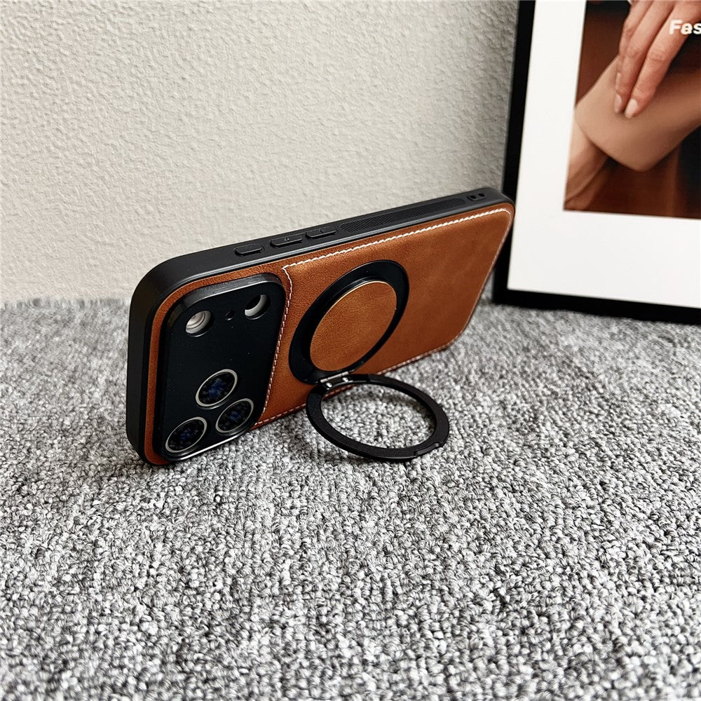 For iPhone 17 Pro Max Magnetic Case Calf Texture PU + TPU + PC Kickstand Phone Cover - Brown