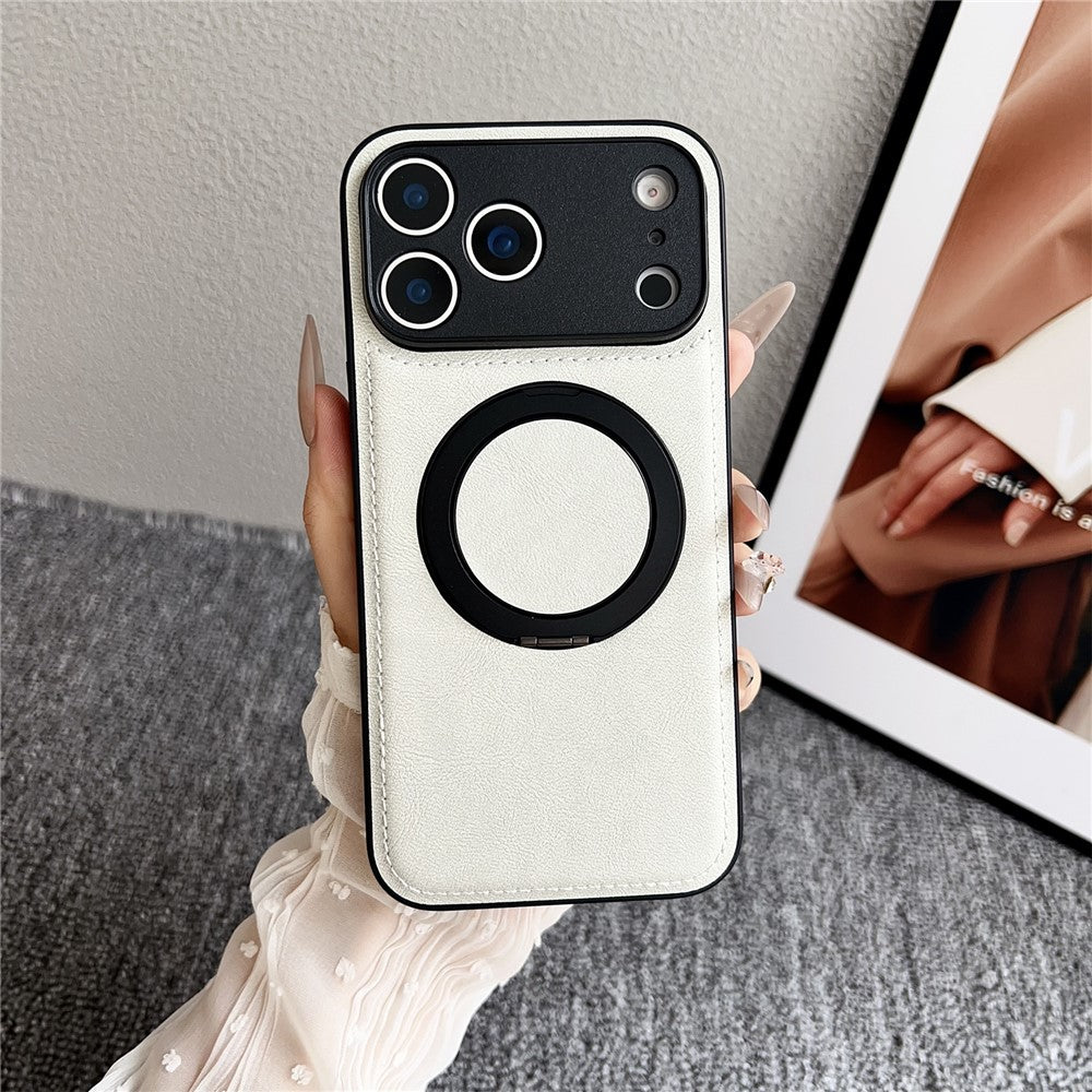 For iPhone 17 Pro Max Magnetic Case Calf Texture PU + TPU + PC Kickstand Phone Cover - White