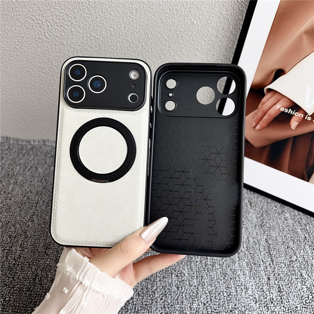 For iPhone 17 Pro Max Magnetic Case Calf Texture PU + TPU + PC Kickstand Phone Cover - White