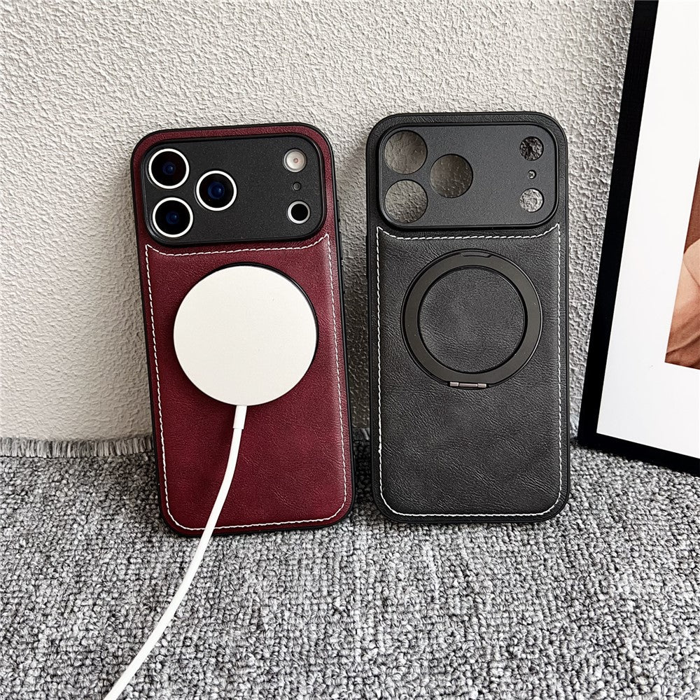 For iPhone 17 Pro Max Magnetic Case Calf Texture PU + TPU + PC Kickstand Phone Cover - White