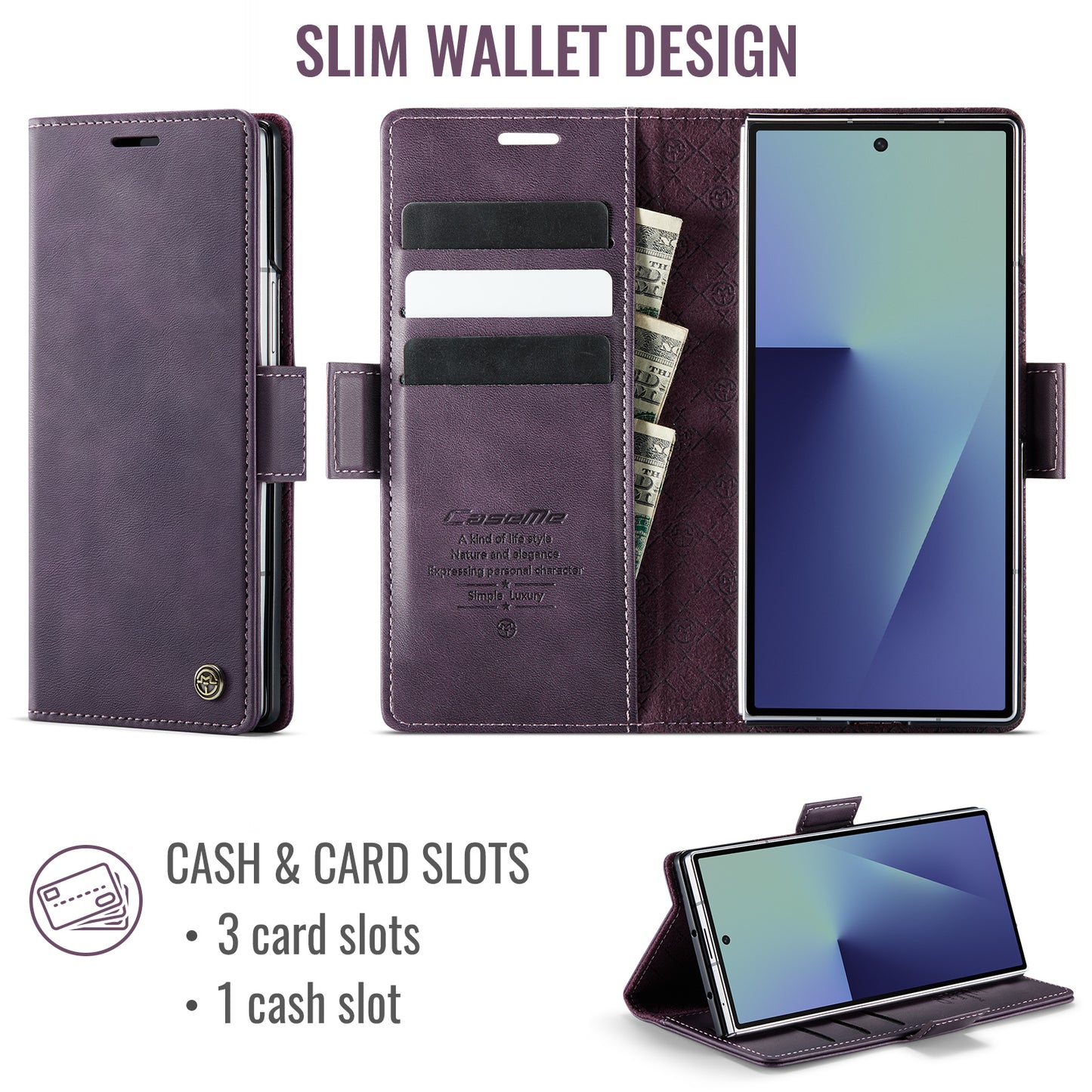 For Samsung Galaxy Z Fold7 5G Case CASEME 033 Series RFID Blocking Wallet Stand Calf Texture Leather Phone Cover - Purple
