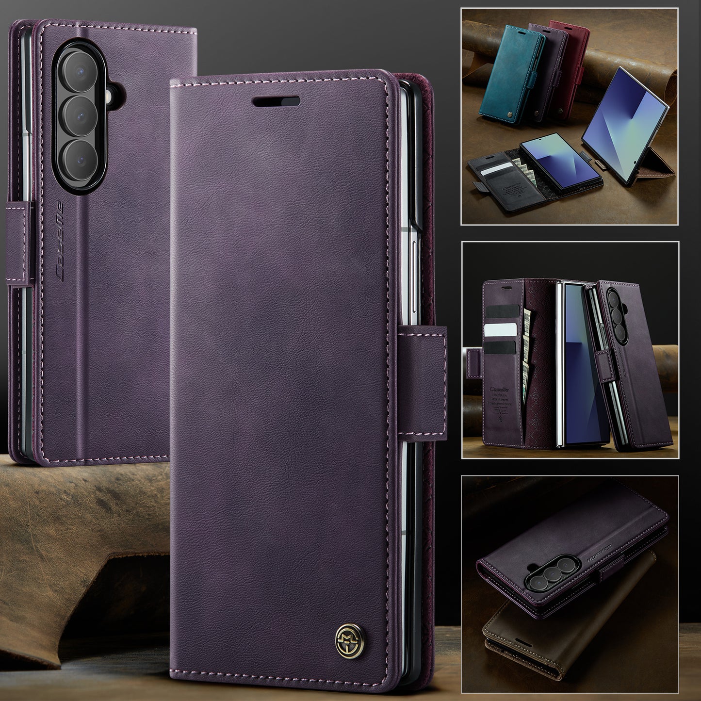 For Samsung Galaxy Z Fold7 5G Case CASEME 033 Series RFID Blocking Wallet Stand Calf Texture Leather Phone Cover - Purple