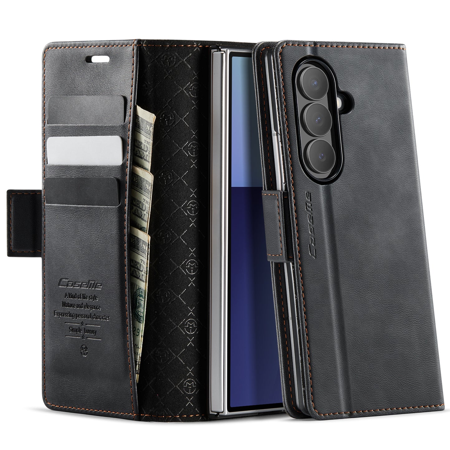 For Samsung Galaxy Z Fold7 5G Case CASEME 033 Series RFID Blocking Wallet Stand Calf Texture Leather Phone Cover - Black