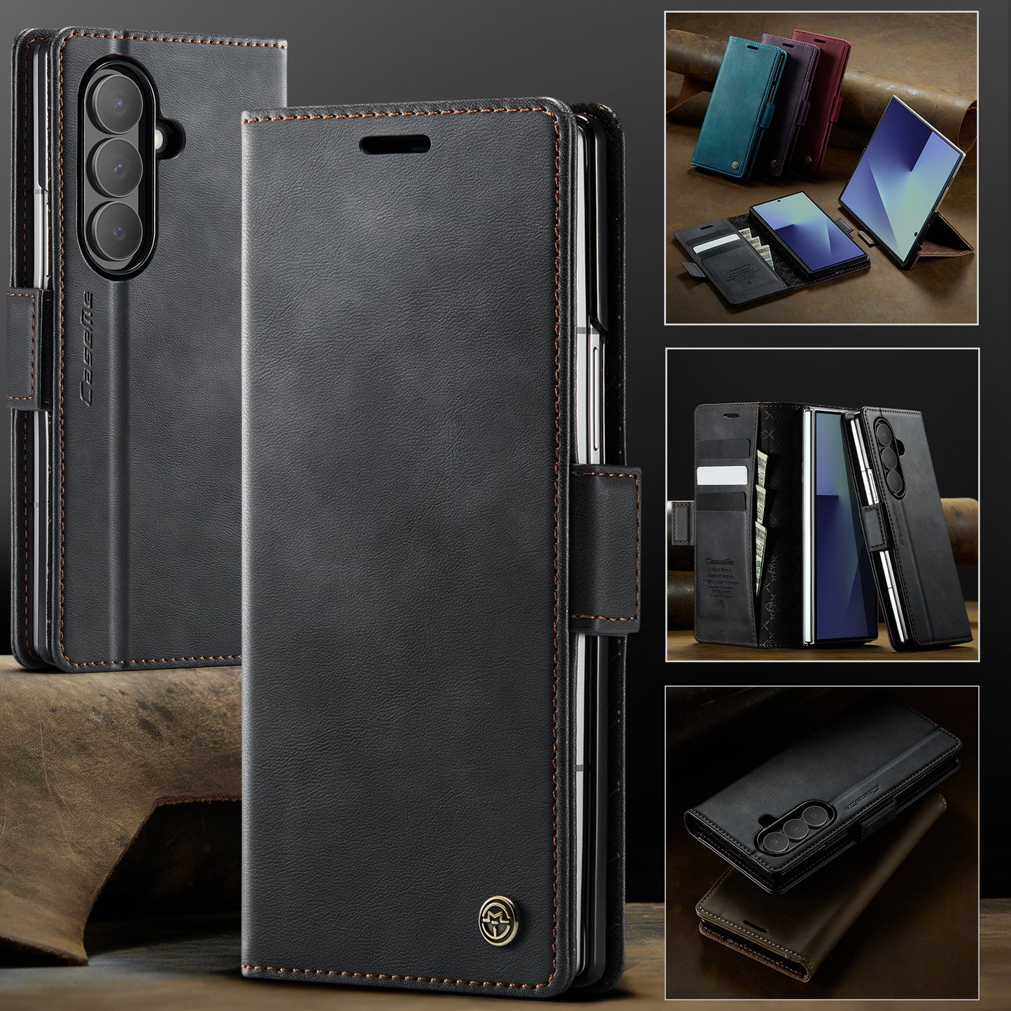 For Samsung Galaxy Z Fold7 5G Case CASEME 033 Series RFID Blocking Wallet Stand Calf Texture Leather Phone Cover - Black