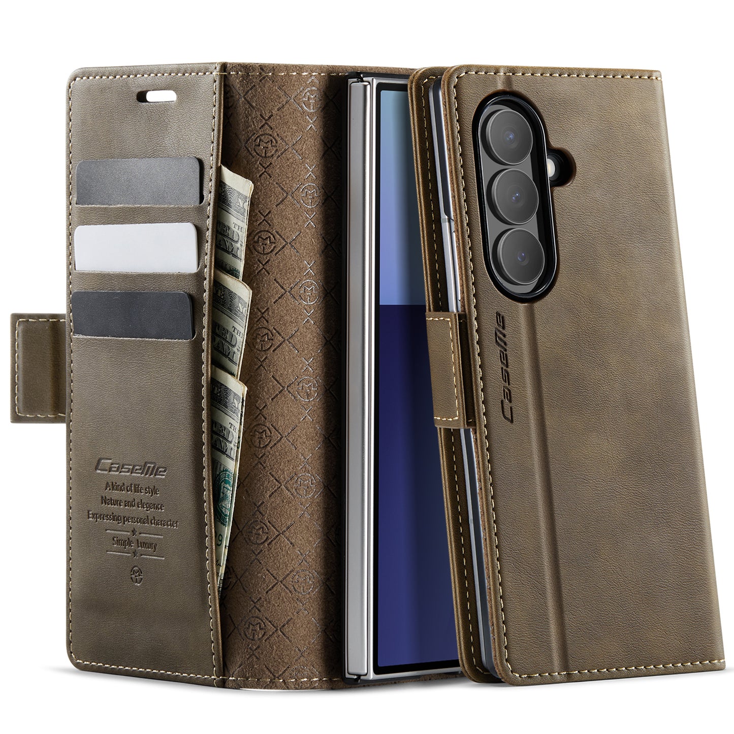 For Samsung Galaxy Z Fold7 5G Case CASEME 033 Series RFID Blocking Wallet Stand Calf Texture Leather Phone Cover - Coffee