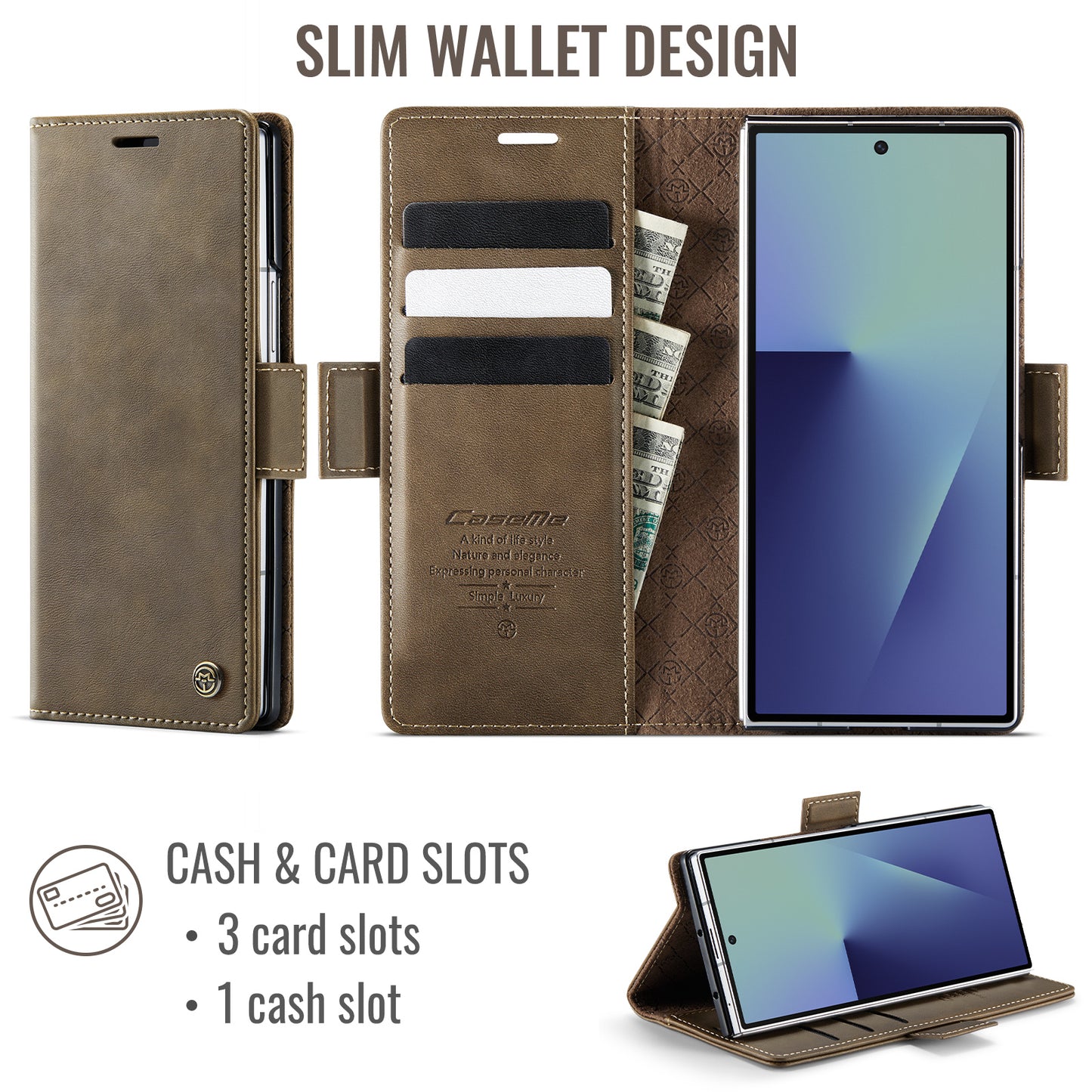 For Samsung Galaxy Z Fold7 5G Case CASEME 033 Series RFID Blocking Wallet Stand Calf Texture Leather Phone Cover - Coffee