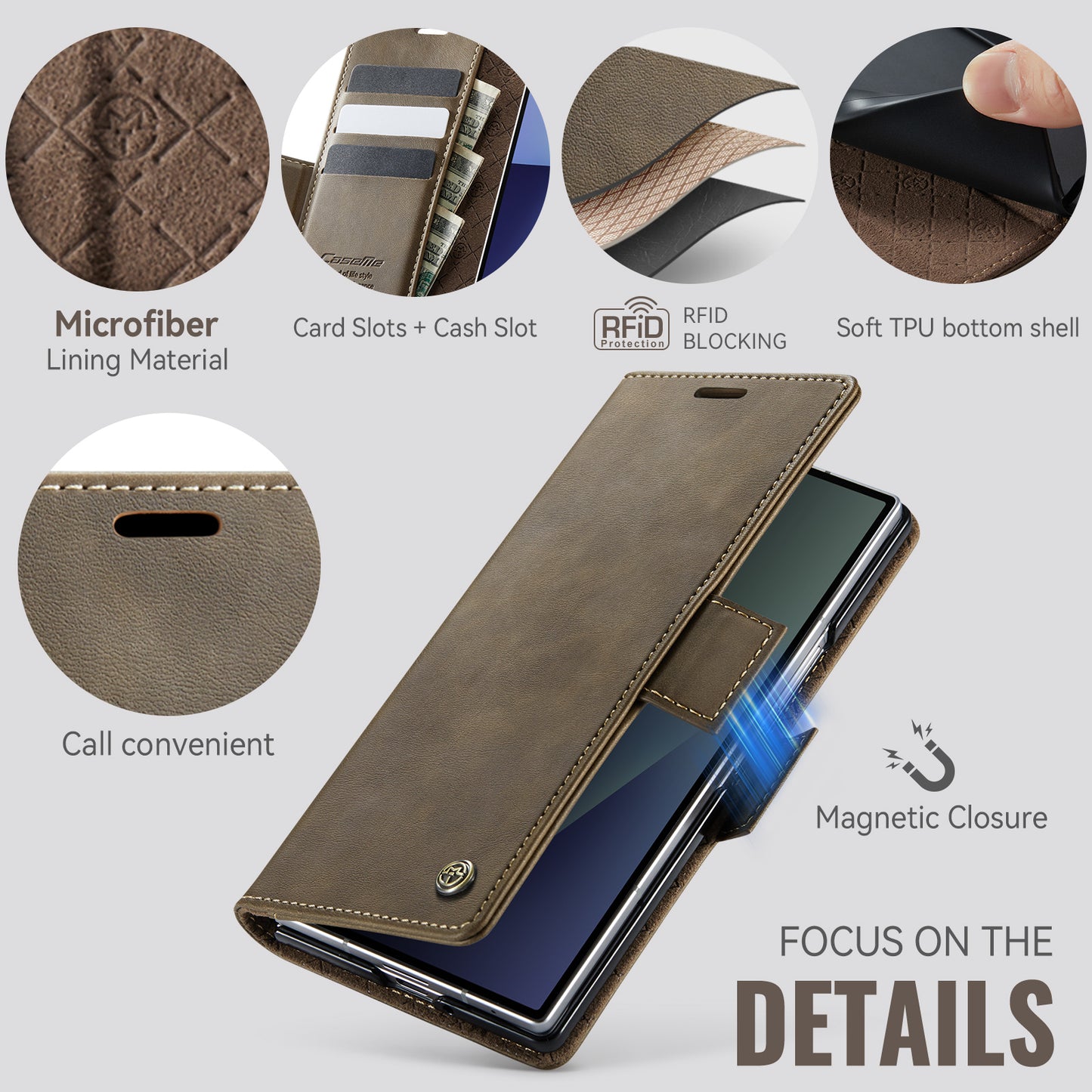 For Samsung Galaxy Z Fold7 5G Case CASEME 033 Series RFID Blocking Wallet Stand Calf Texture Leather Phone Cover - Coffee