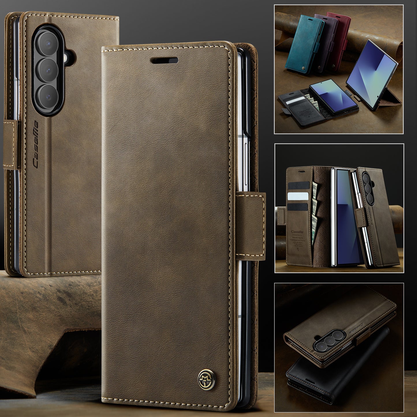 For Samsung Galaxy Z Fold7 5G Case CASEME 033 Series RFID Blocking Wallet Stand Calf Texture Leather Phone Cover - Coffee