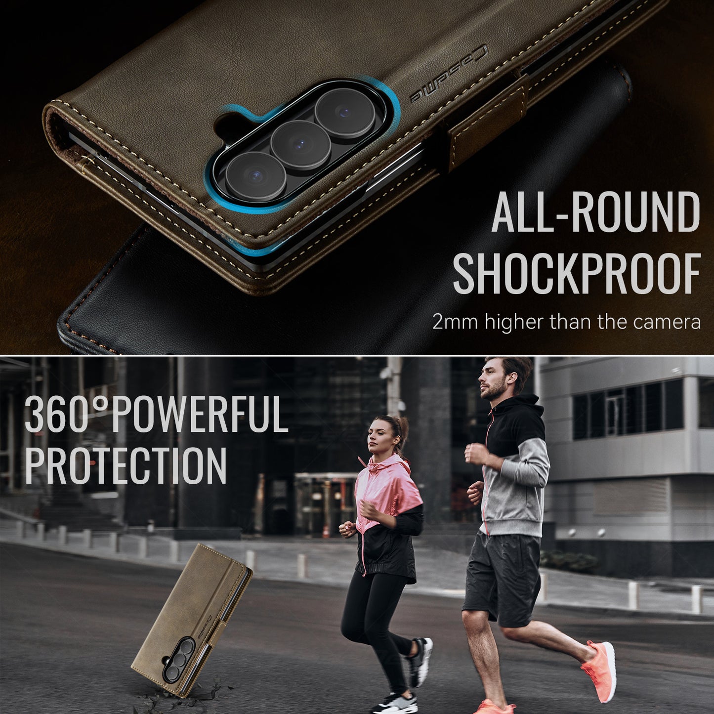 For Samsung Galaxy Z Fold7 5G Case CASEME 033 Series RFID Blocking Wallet Stand Calf Texture Leather Phone Cover - Coffee