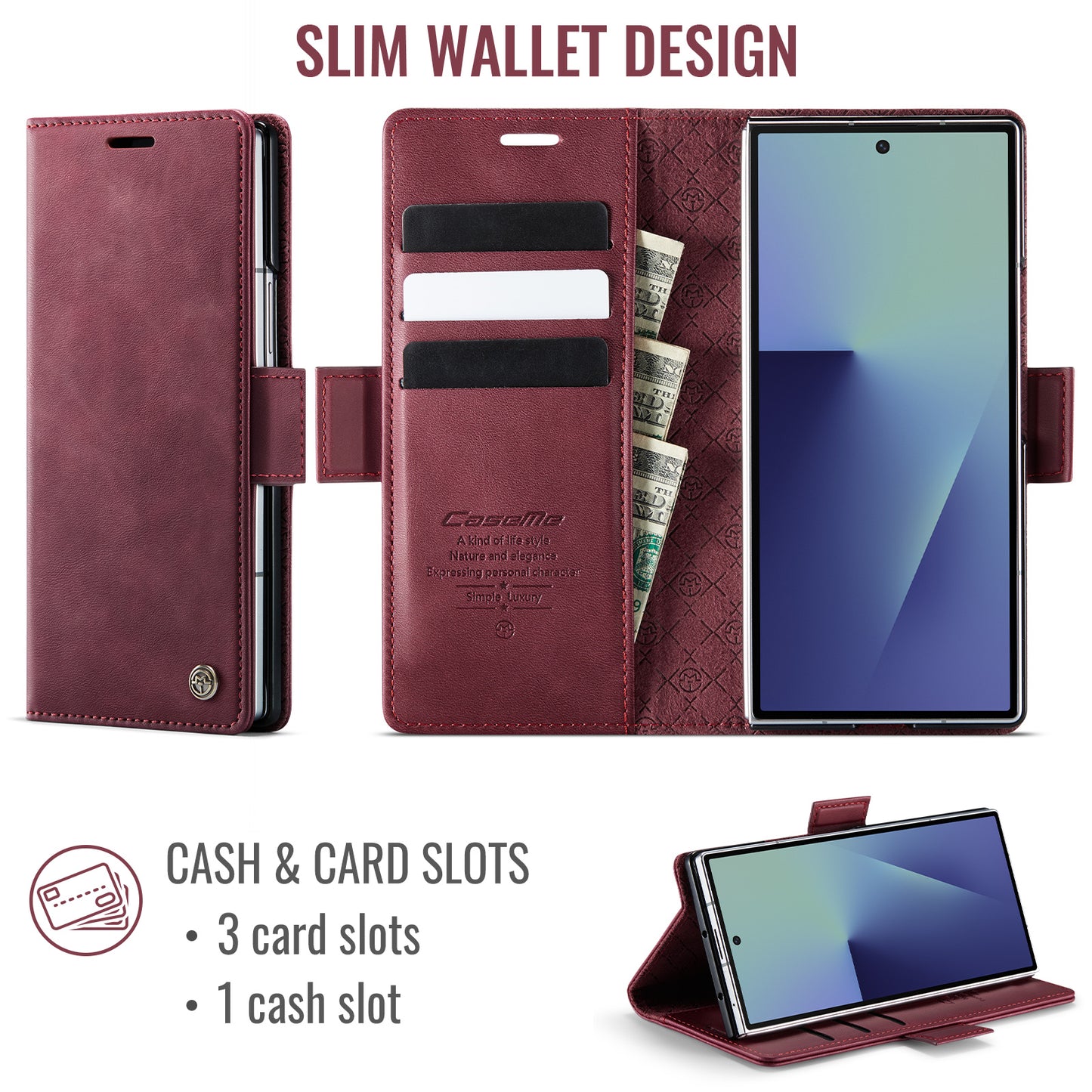 For Samsung Galaxy Z Fold7 5G Case CASEME 033 Series RFID Blocking Wallet Stand Calf Texture Leather Phone Cover - Red