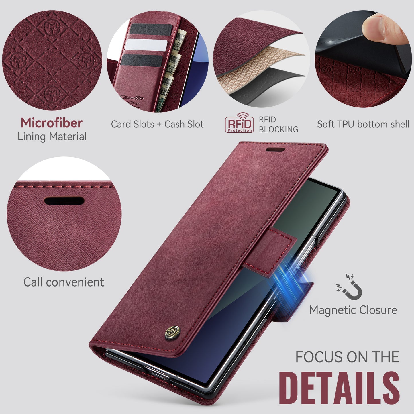 For Samsung Galaxy Z Fold7 5G Case CASEME 033 Series RFID Blocking Wallet Stand Calf Texture Leather Phone Cover - Red