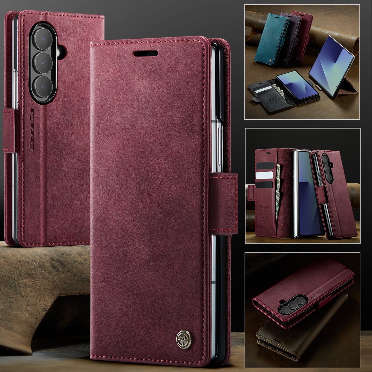 For Samsung Galaxy Z Fold7 5G Case CASEME 033 Series RFID Blocking Wallet Stand Calf Texture Leather Phone Cover - Red