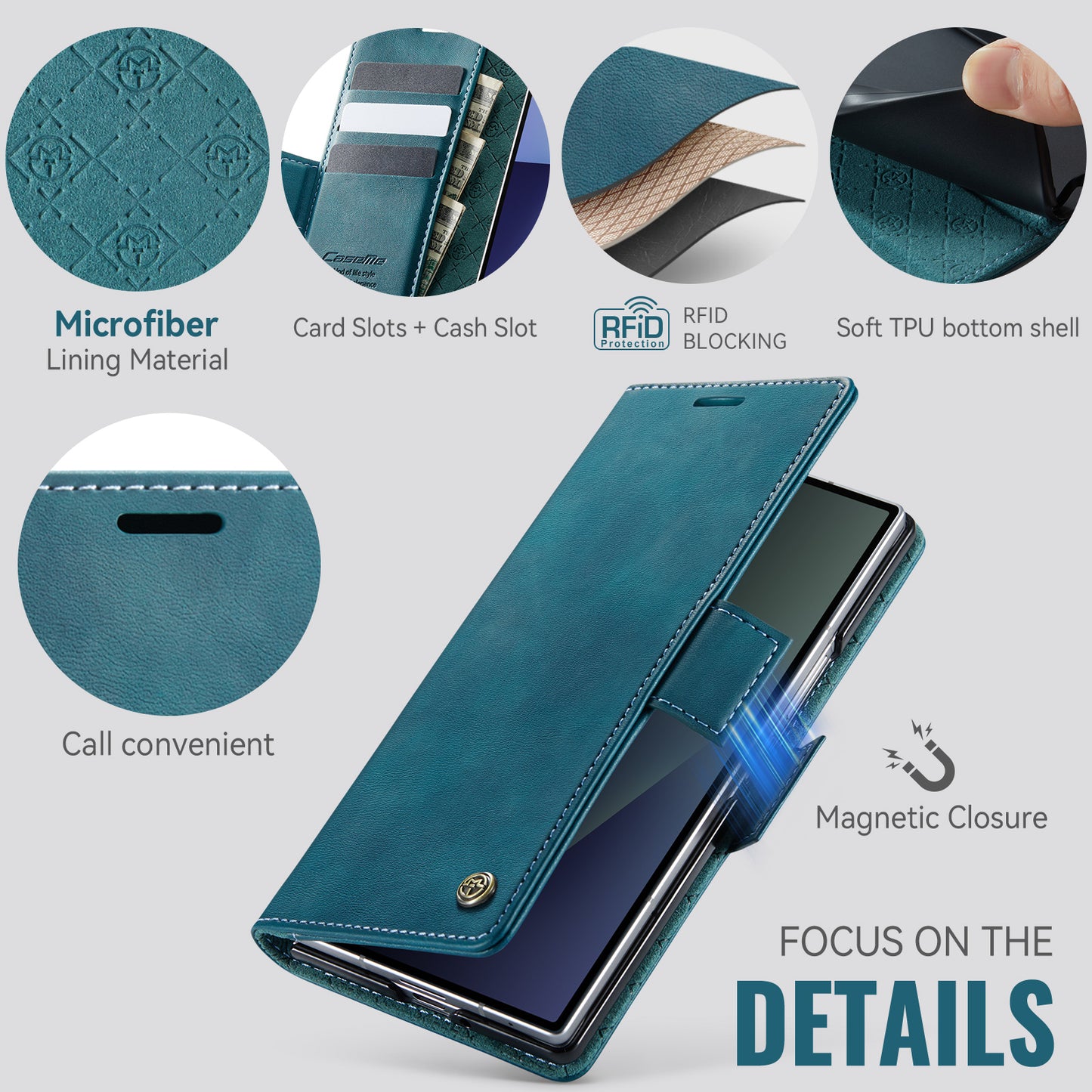 For Samsung Galaxy Z Fold7 5G Case CASEME 033 Series RFID Blocking Wallet Stand Calf Texture Leather Phone Cover - Green