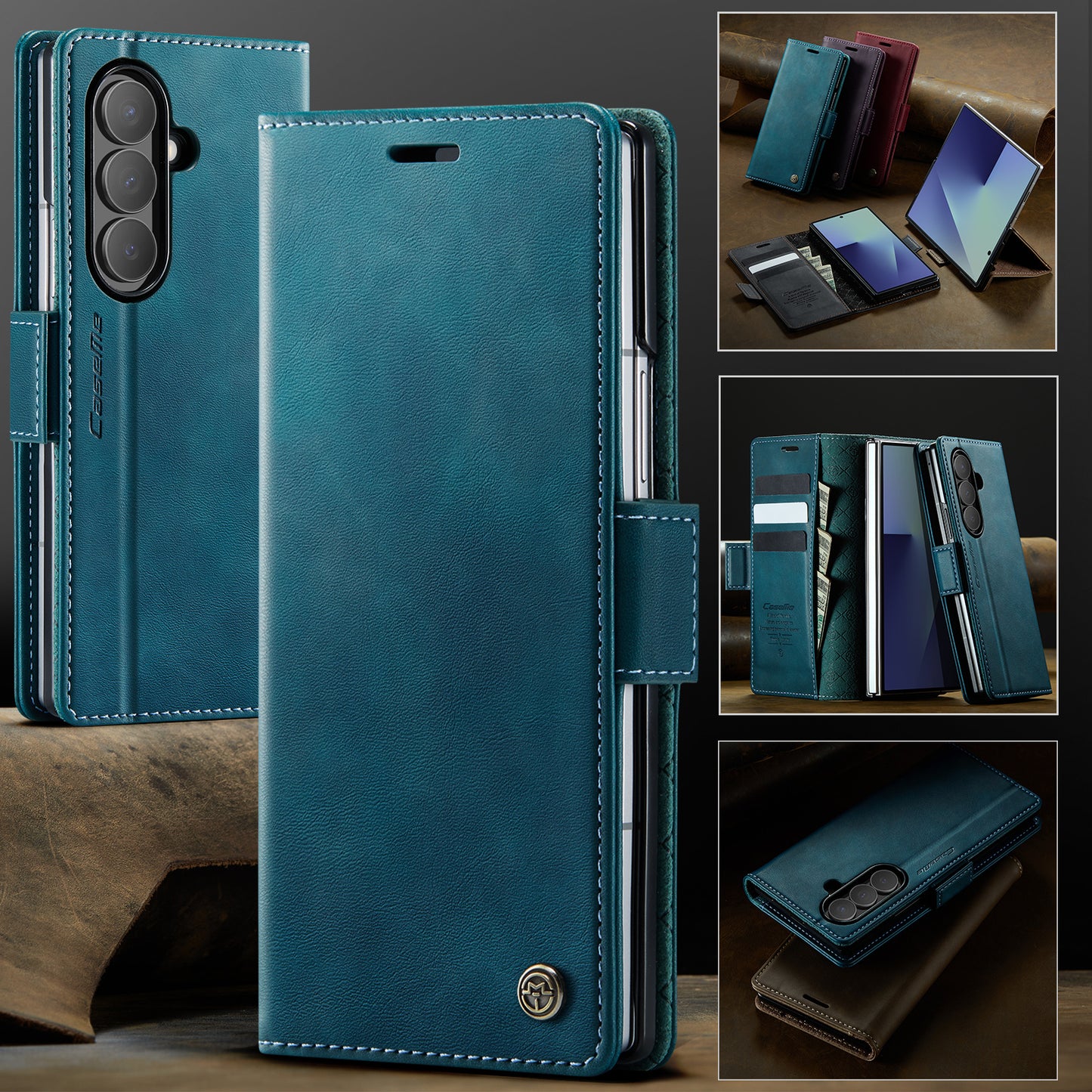 For Samsung Galaxy Z Fold7 5G Case CASEME 033 Series RFID Blocking Wallet Stand Calf Texture Leather Phone Cover - Green