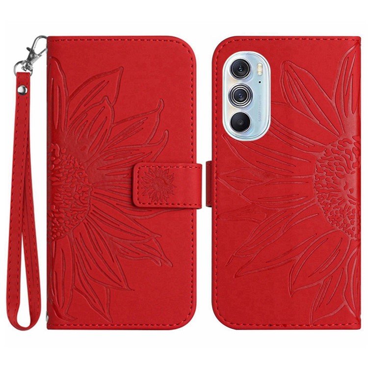 For Motorola Edge 30 Pro (Motorola Edge+ (2022)) Well-protected Imprinted Sunflower PU Leather Case Stand Wallet Skin-touch Phone Cover with Strap - Red