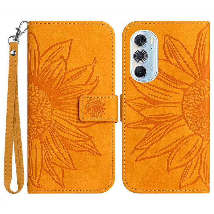 For Motorola Edge 30 Pro (Motorola Edge+ (2022)) Well-protected Imprinted Sunflower PU Leather Case Stand Wallet Skin-touch Phone Cover with Strap - Yellow