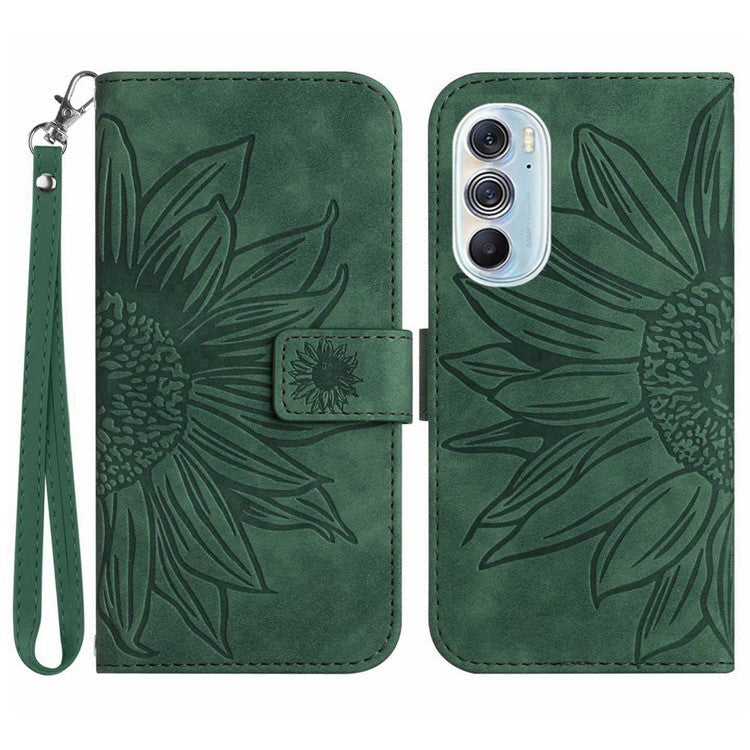 For Motorola Edge 30 Pro (Motorola Edge+ (2022)) Well-protected Imprinted Sunflower PU Leather Case Stand Wallet Skin-touch Phone Cover with Strap - Dark Green