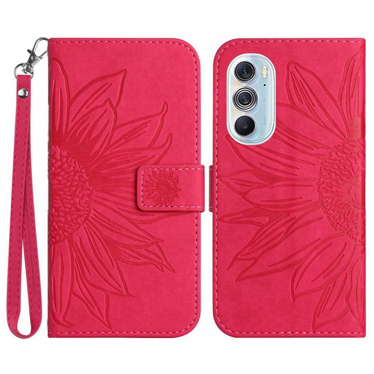 For Motorola Edge 30 Pro (Motorola Edge+ (2022)) Well-protected Imprinted Sunflower PU Leather Case Stand Wallet Skin-touch Phone Cover with Strap - Rose