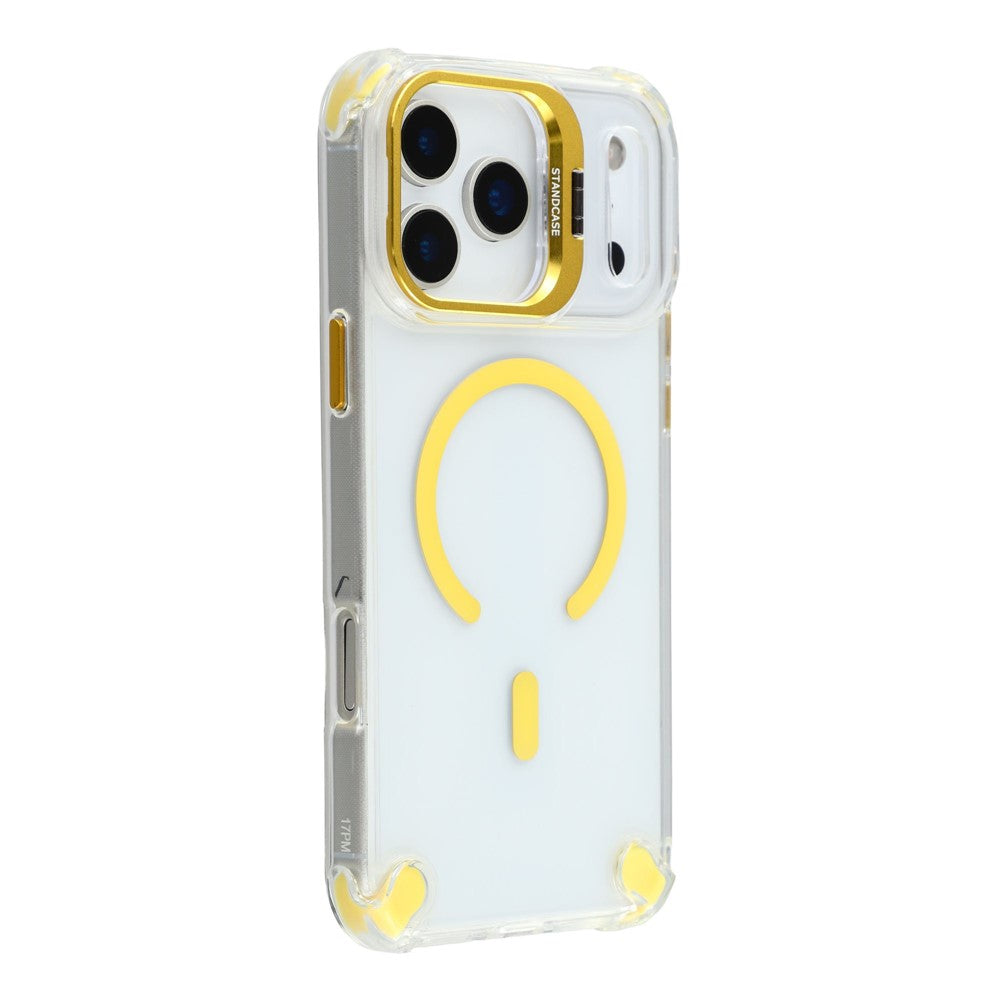 For iPhone 17 Pro Max Magnetic Case TPU PC Clear Phone Cover with Lens Frame Kickstand / Lens Film - Gold