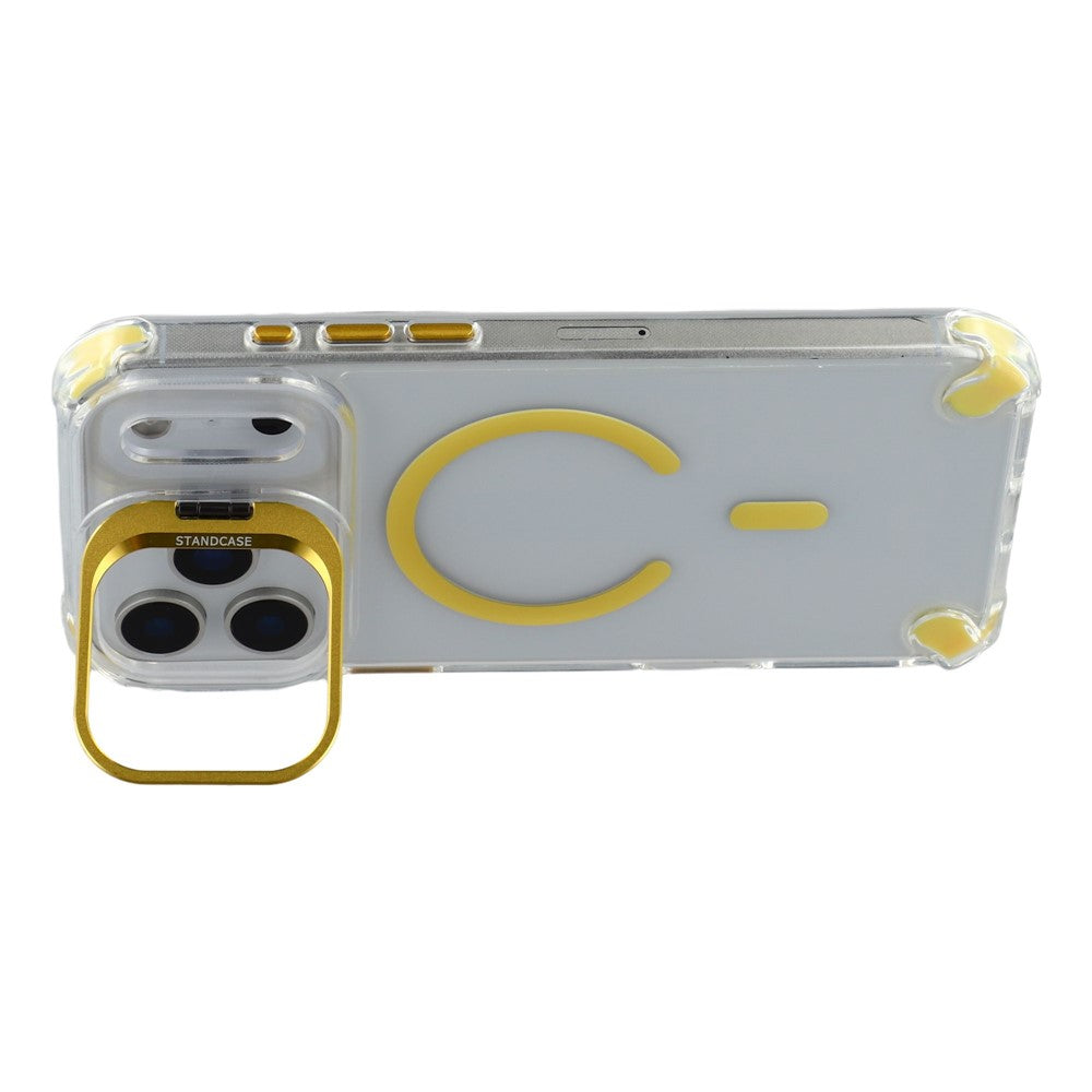 For iPhone 17 Pro Max Magnetic Case TPU PC Clear Phone Cover with Lens Frame Kickstand / Lens Film - Gold