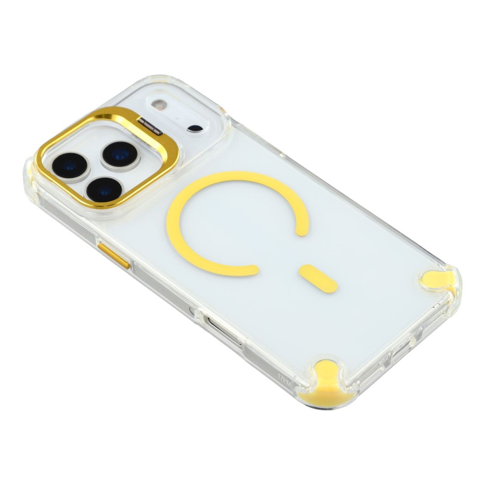 For iPhone 17 Pro Max Magnetic Case TPU PC Clear Phone Cover with Lens Frame Kickstand / Lens Film - Gold