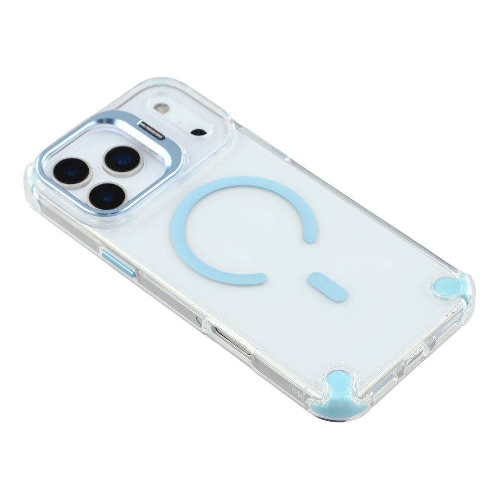 For iPhone 17 Pro Max Magnetic Case TPU PC Clear Phone Cover with Lens Frame Kickstand / Lens Film - Baby Blue