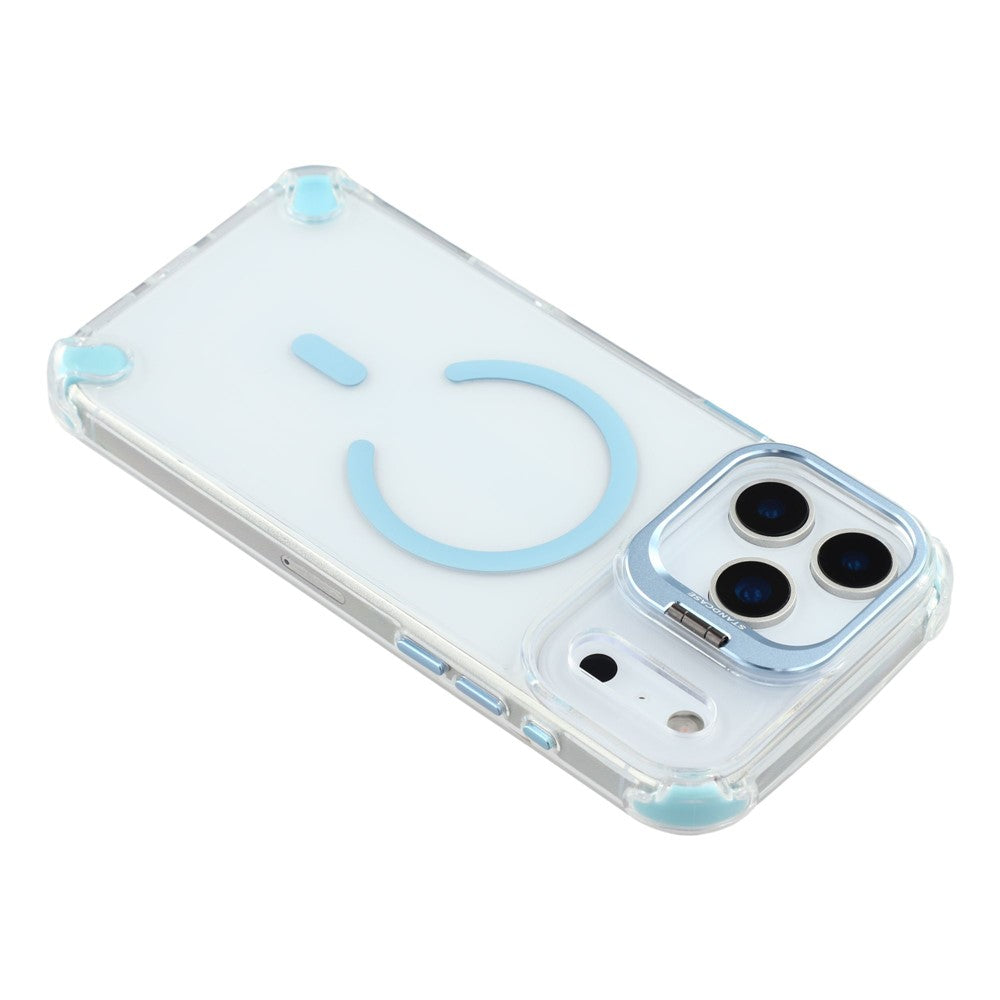For iPhone 17 Pro Max Magnetic Case TPU PC Clear Phone Cover with Lens Frame Kickstand / Lens Film - Baby Blue