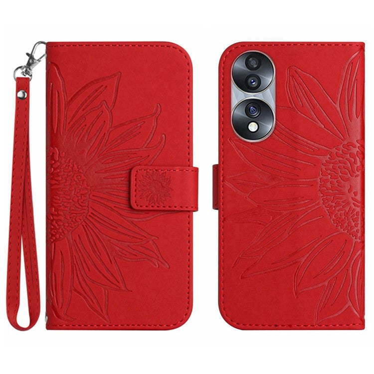 Skin-Touch Feeling Flip Phone Case for Honor 70 5G, Imprinted Sunflower Stand PU Leather Bump Proof Magnetic Wallet Cover with Strap - Red