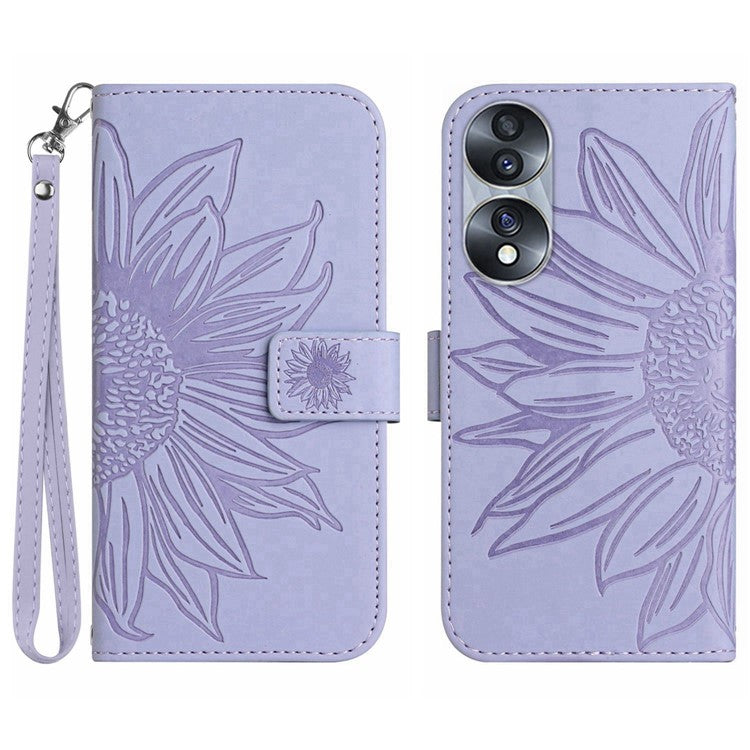 Skin-Touch Feeling Flip Phone Case for Honor 70 5G, Imprinted Sunflower Stand PU Leather Bump Proof Magnetic Wallet Cover with Strap - Light Purple