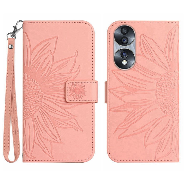 Skin-Touch Feeling Flip Phone Case for Honor 70 5G, Imprinted Sunflower Stand PU Leather Bump Proof Magnetic Wallet Cover with Strap - Light Pink