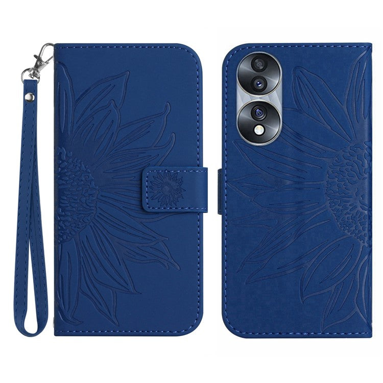 Skin-Touch Feeling Flip Phone Case for Honor 70 5G, Imprinted Sunflower Stand PU Leather Bump Proof Magnetic Wallet Cover with Strap - Sapphire